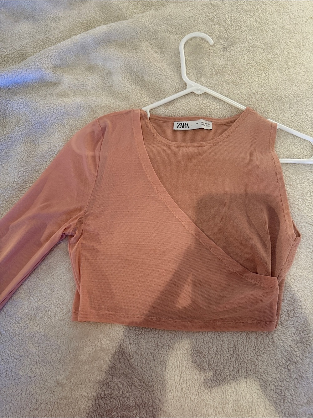 Zara Dusty Rose One-Sleeve Mesh Wrap Crop Top